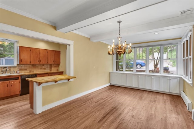 5256 Beeler St, Squirrel Hill, PA 15217 - kitchen with dishwasher, butcher block counters, beam ceiling, a chandelier, and light wood-type flooring