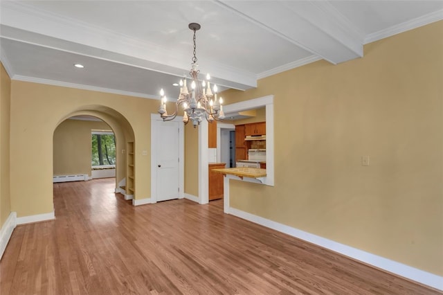 5256 Beeler St, Squirrel Hill, PA 15217 - unfurnished living room with arched walkways, wood finished floors, beamed ceiling, a chandelier, and a baseboard heating unit