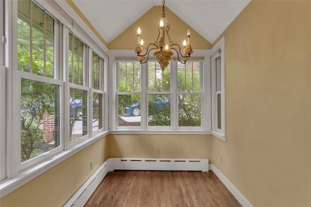5256 Beeler St, Squirrel Hill, PA 15217 - unfurnished sunroom featuring a chandelier, healthy amount of natural light, vaulted ceiling, and wood finished floors