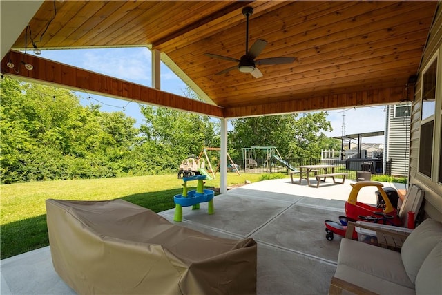 265 Sunrise Dr, Collier Twp, PA 15106 - view of patio with a playground and a ceiling fan