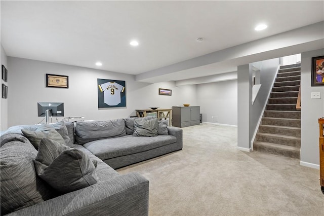 265 Sunrise Dr, Collier Twp, PA 15106 - living room featuring stairway, light colored carpet, and recessed lighting