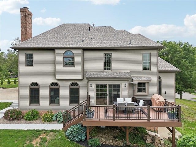 108 Ascot Ct, Lancaster Twp, PA 16037 - rear view of property with a wooden deck, a chimney, roof with shingles, and an outdoor hangout area