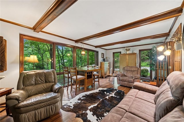 150 Buckwheat Dr, Pine Twp Nal, PA 15044 - living area featuring beamed ceiling, wood-type flooring, and ornamental molding