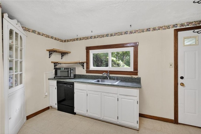 226 Herndon, Elliott, PA 15220 - kitchen featuring black appliances, open shelves, dark countertops, and white cabinetry