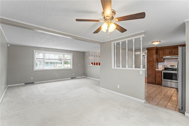 1032 Grove St, Monaca, PA 15061 - unfurnished living room featuring a textured ceiling, light carpet, and a ceiling fan