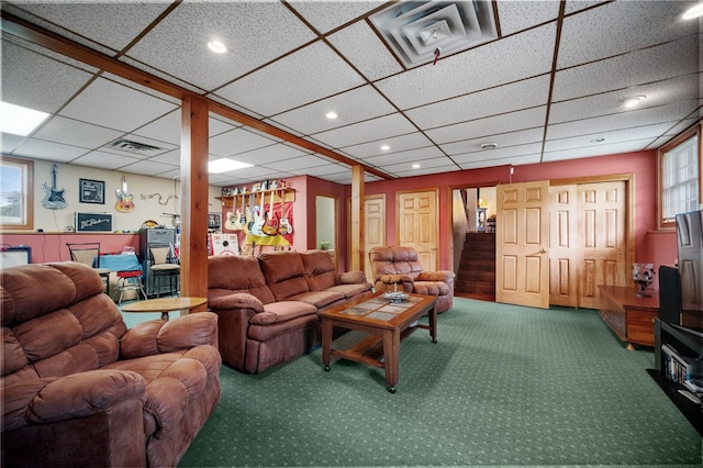 321 Dairy Farm Rd, Allegheny Twp Wml, PA 15068 - living area featuring carpet floors, a drop ceiling, stairway, and recessed lighting