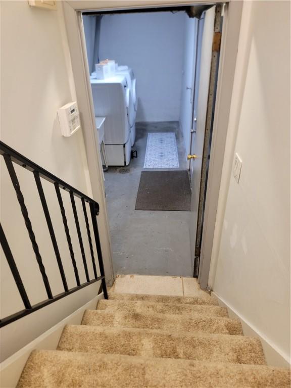 611 Broadhead Ave, Crafton, PA 15205 - stairway with unfinished concrete floors and washing machine and clothes dryer