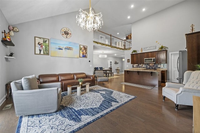 503 Tuscarora Rd, Marshall, PA 16046 - living room with a chandelier, high vaulted ceiling, dark wood finished floors, and recessed lighting