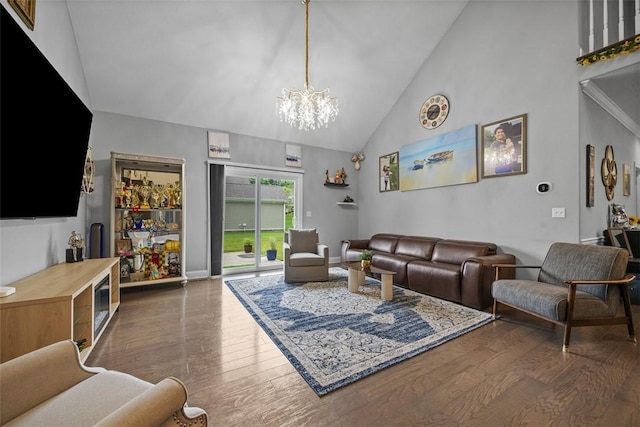 503 Tuscarora Rd, Marshall, PA 16046 - living room with a chandelier, wood finished floors, and high vaulted ceiling