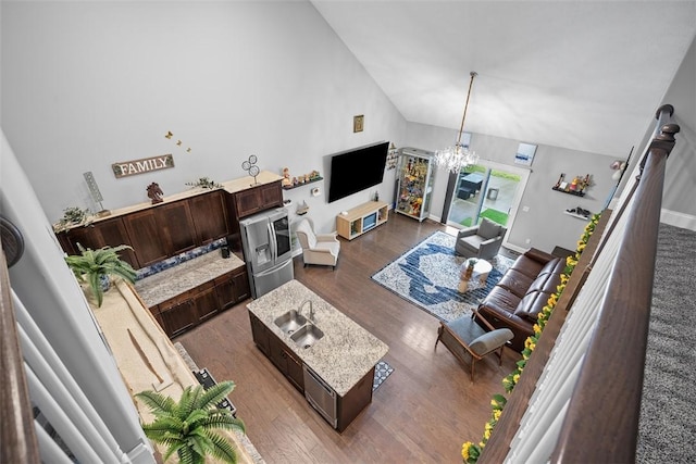 503 Tuscarora Rd, Marshall, PA 16046 - living room with dark wood-style flooring, a chandelier, and high vaulted ceiling