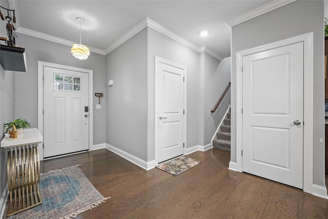 503 Tuscarora Rd, Marshall, PA 16046 - entryway with wood finished floors, crown molding, stairs, and recessed lighting