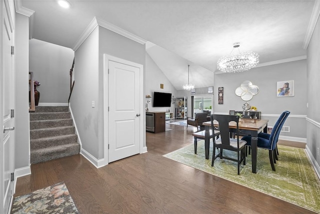 503 Tuscarora Rd, Marshall, PA 16046 - dining room featuring a chandelier, stairway, wood finished floors, crown molding, and lofted ceiling