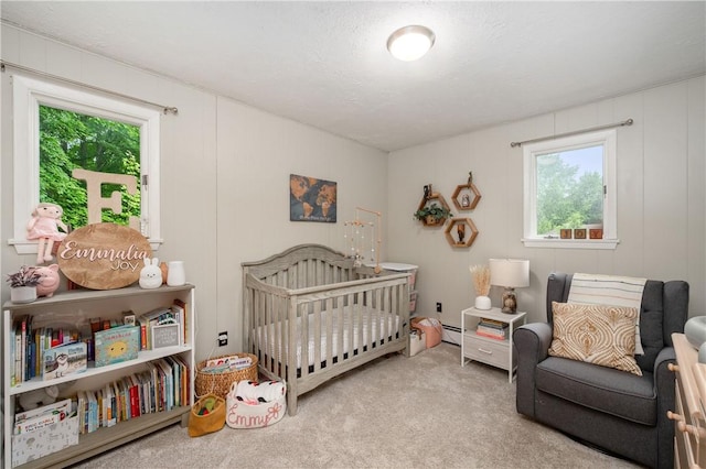 202 Village Ln, New Wilmington Boro, PA 16142 - bedroom with multiple windows, a crib, carpet, a decorative wall, and a baseboard radiator