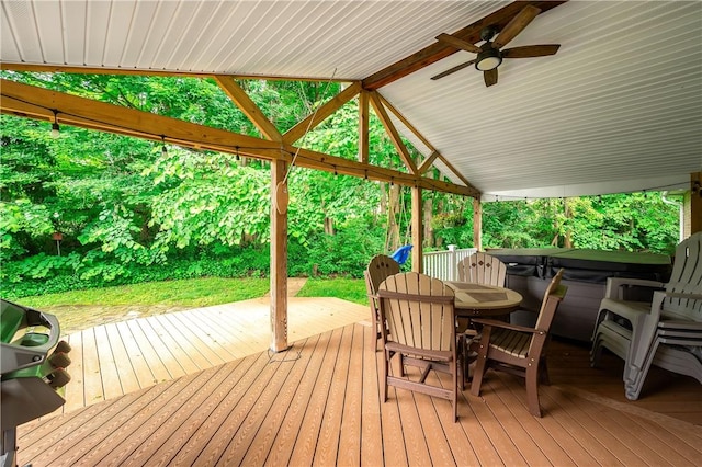 202 Village Ln, New Wilmington Boro, PA 16142 - wooden deck featuring outdoor dining space, a hot tub, ceiling fan, and area for grilling