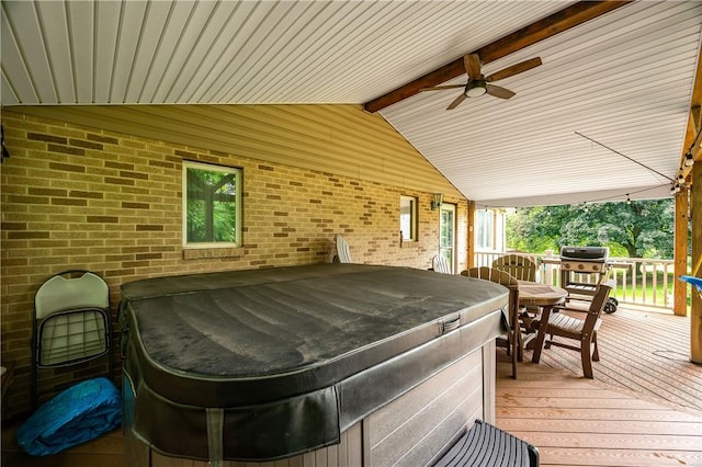 202 Village Ln, New Wilmington Boro, PA 16142 - wooden terrace with a hot tub and ceiling fan