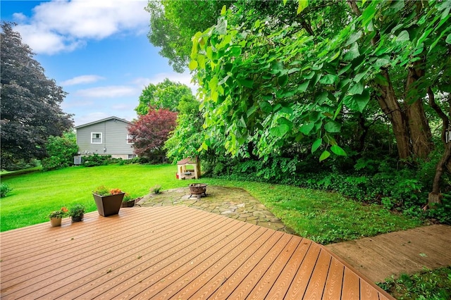 202 Village Ln, New Wilmington Boro, PA 16142 - wooden deck with a fire pit and a lawn