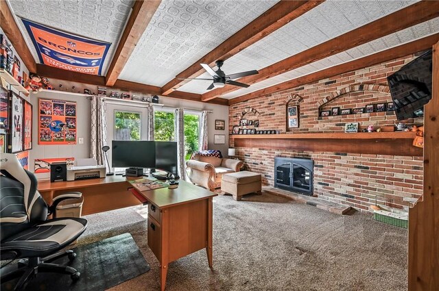 570 S 7th St, Sharpsville, PA 16150 - office area with a fireplace, carpet floors, beam ceiling, a ceiling fan, and brick wall