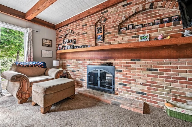 570 S 7th St, Sharpsville, PA 16150 - carpeted living room with beam ceiling and a brick fireplace