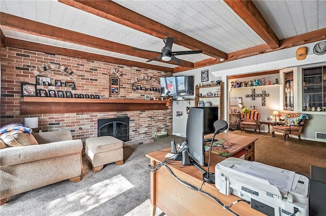 570 S 7th St, Sharpsville, PA 16150 - carpeted living room with a brick fireplace, beam ceiling, and ceiling fan