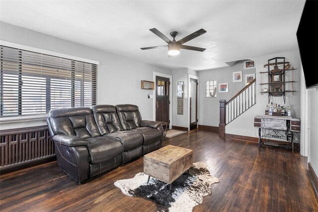 171 Clearview Ave, Ross Twp, PA 15229 - living room with wood finished floors, a ceiling fan, and stairway