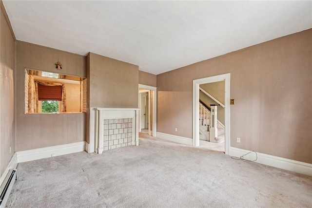 373 Copperfield Ave, Carrick, PA 15210 - unfurnished living room featuring a baseboard radiator, carpet floors, and stairway