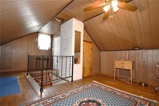 1673 Elderslee Rd, Baldwin Boro, PA 15227 - additional living space with lofted ceiling, hardwood / wood-style floors, wooden walls, ceiling fan, and wood ceiling