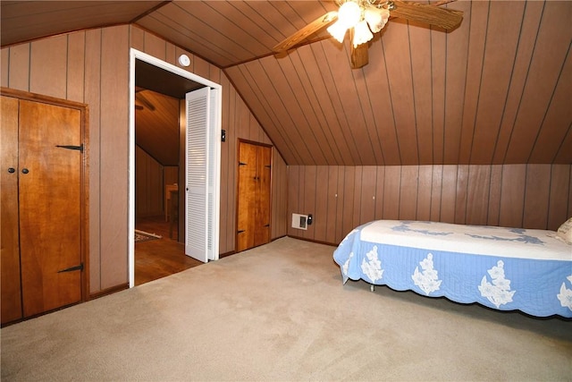 1673 Elderslee Rd, Baldwin Boro, PA 15227 - bedroom featuring lofted ceiling, wood walls, carpet floors, a ceiling fan, and wooden ceiling