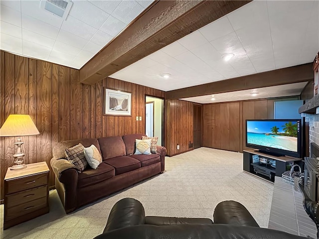 321 Jo Ann Dr, West Mifflin, PA 15122 - carpeted living room featuring beam ceiling and wooden walls
