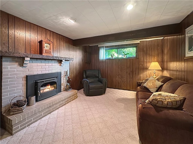 321 Jo Ann Dr, West Mifflin, PA 15122 - living room with wooden walls, a brick fireplace, and carpet flooring