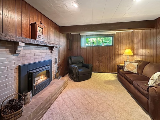 321 Jo Ann Dr, West Mifflin, PA 15122 - living room featuring light carpet, wood walls, and a brick fireplace