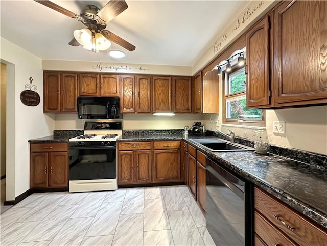 321 Jo Ann Dr, West Mifflin, PA 15122 - kitchen featuring black microwave, gas range oven, dishwashing machine, light marble finish flooring, and a ceiling fan