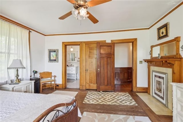 221 E Moody Ave, New Castle/2Nd, PA 16101 - bedroom with a fireplace with flush hearth, wood finished floors, ornamental molding, and ceiling fan