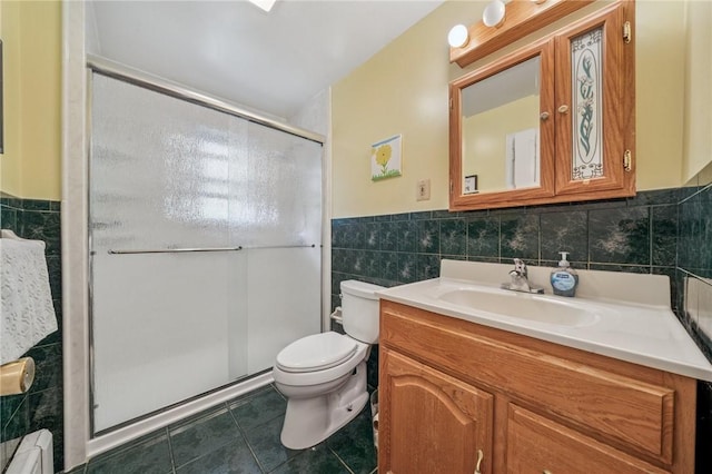 3176 Churchview Ave, Baldwin Boro, PA 15227 - bathroom with tile walls, tile patterned flooring, vanity, a shower stall, and a wainscoted wall