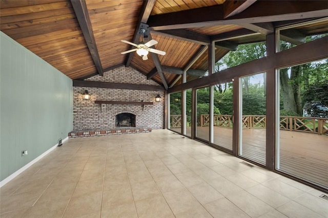 126 Elm Dr, Level Green, PA 15085 - unfurnished living room with brick wall, a ceiling fan, a fireplace, tile patterned floors, and wooden ceiling
