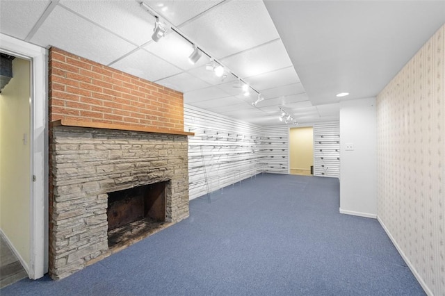 126 Elm Dr, Level Green, PA 15085 - unfurnished living room with track lighting, wallpapered walls, carpet, and a fireplace