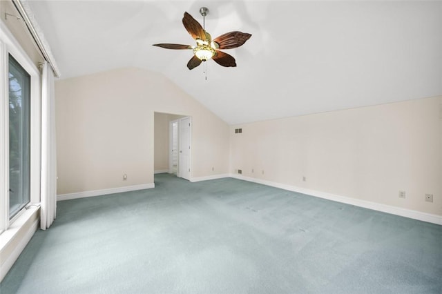 126 Elm Dr, Level Green, PA 15085 - empty room featuring vaulted ceiling, ceiling fan, and light carpet