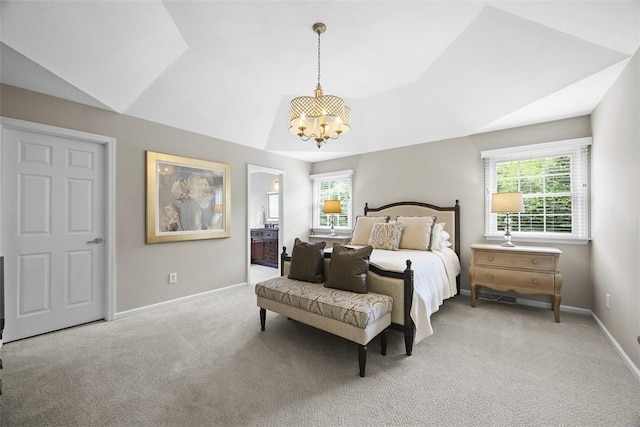 140 Golfview Dr, Adams Twp, PA 15044 - bedroom with a chandelier, carpet floors, multiple windows, lofted ceiling, and ensuite bath