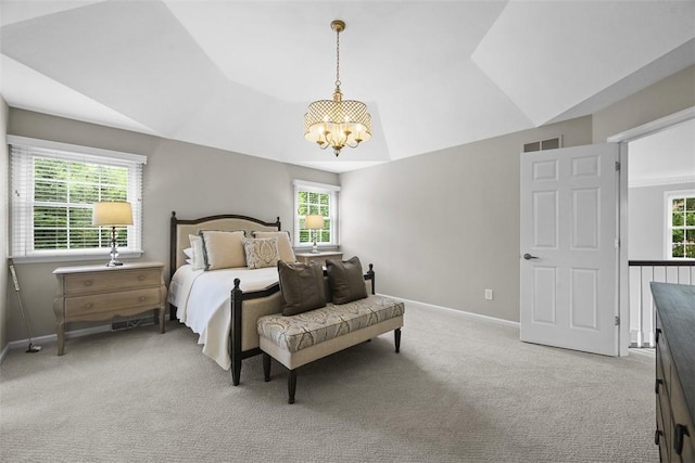 140 Golfview Dr, Adams Twp, PA 15044 - bedroom featuring a chandelier, multiple windows, light colored carpet, and lofted ceiling