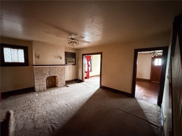 2406 Banker St, Mckeesport, PA 15132 - unfurnished living room with ceiling fan, carpet, a tile fireplace, and cooling unit