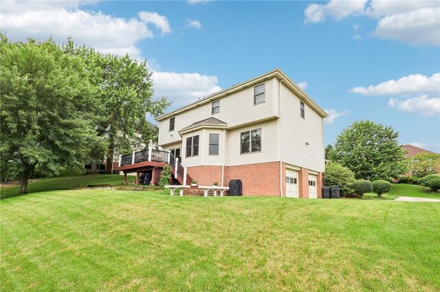 1386 Royal Oak Dr, Marshall, PA 15090 - rear view of property with an attached garage, brick siding, a deck, and a yard
