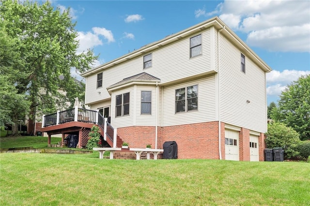 1386 Royal Oak Dr, Marshall, PA 15090 - rear view of house featuring brick siding, a garage, a yard, a deck, and stairs