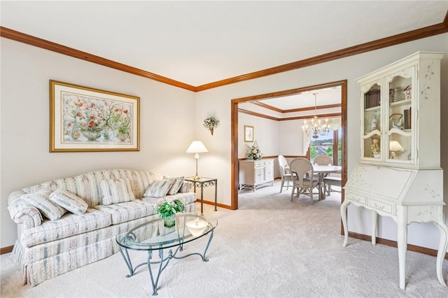 1386 Royal Oak Dr, Marshall, PA 15090 - living area featuring carpet, a chandelier, and ornamental molding