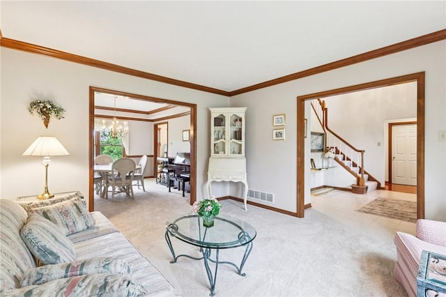 1386 Royal Oak Dr, Marshall, PA 15090 - living area featuring light colored carpet, stairway, crown molding, and a chandelier