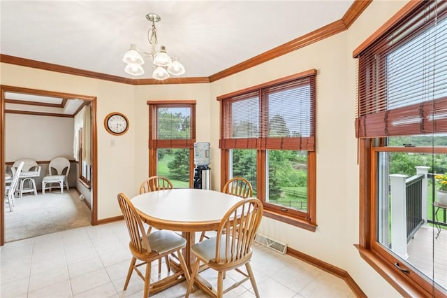 1386 Royal Oak Dr, Marshall, PA 15090 - dining room featuring a chandelier, light colored carpet, ornamental molding, and light tile patterned floors