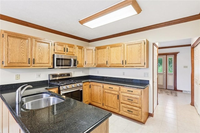 1386 Royal Oak Dr, Marshall, PA 15090 - kitchen with stainless steel appliances, ornamental molding, and dark stone counters