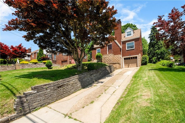 129 Temona Dr, Pleasant Hills, PA 15236 - view of property hidden behind natural elements with driveway, an attached garage, stone siding, a chimney, and a front lawn