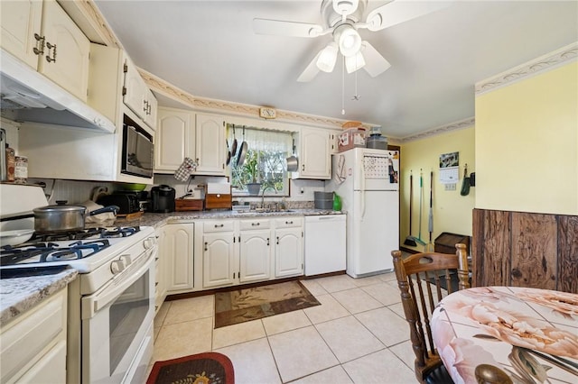 201 Hickory Way, Oakmont, PA 15139 - kitchen with white appliances, light tile patterned flooring, a ceiling fan, and under cabinet range hood