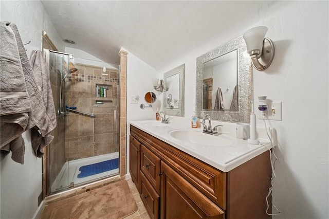 201 Hickory Way, Oakmont, PA 15139 - bathroom with a stall shower, double vanity, and vaulted ceiling