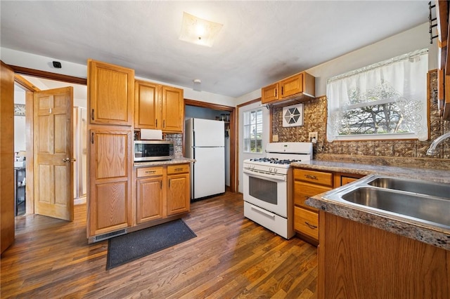 201 Hickory Way, Oakmont, PA 15139 - kitchen featuring white appliances, tasteful backsplash, and dark wood-style flooring