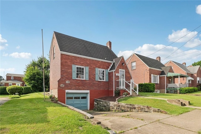 221 Miller Ave, Duquesne, PA 15110 - view of front of property with an attached garage, brick siding, driveway, a front lawn, and a chimney
